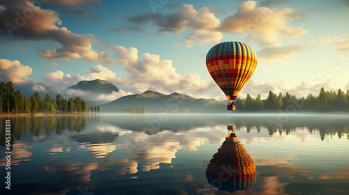 colorful hot air balloon over the mountains. 