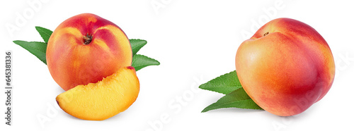 Nectarine fruit and half with leaf isolated on white background cutout