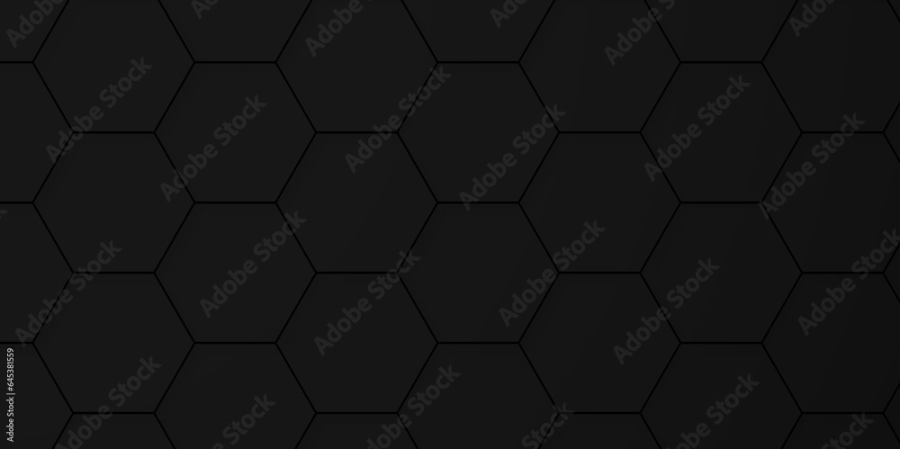 Abstract background of abstract black hexagon background design a dark honeycomb grid pattern. Abstract octagons dark 3d background.Black geometric background for design. Abstract background of abstract black hexagon background design a dark honeycomb grid pattern. Abstract octagons dark 3d background.Black geometric background for design.