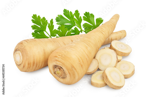 Parsnip root and slices isolated on white background photo