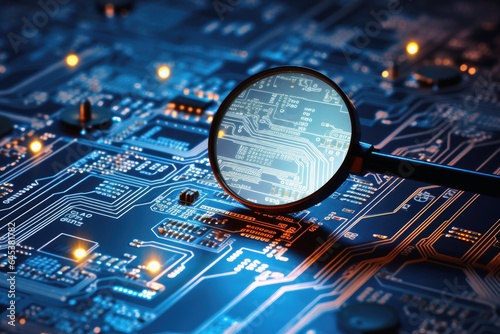 View with a magnifying glass on a modern circuit board.