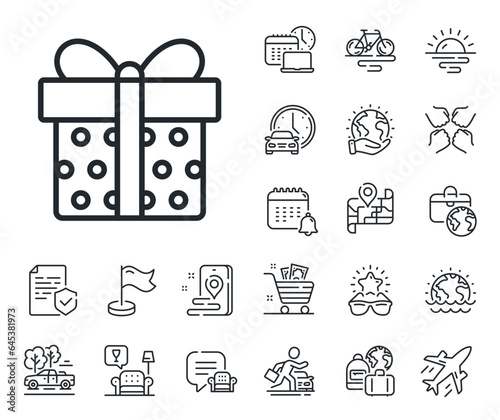 Present or Sale sign. Plane jet, travel map and baggage claim outline icons. Gift box line icon. Birthday Shopping symbol. Package in Gift Wrap. Gift box line sign. Vector