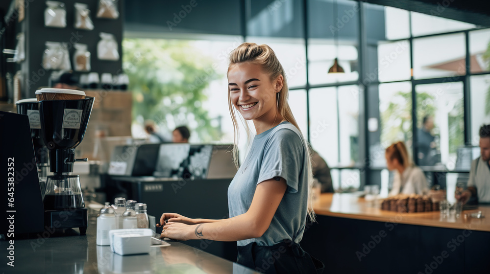 Fototapeta premium A Joyful Female Barista Excelling in Her Role with a Radiant Smile