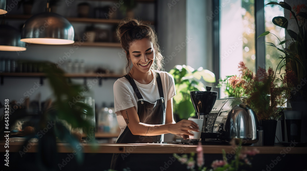 A Joyful Female Barista Excelling in Her Role with a Radiant Smile