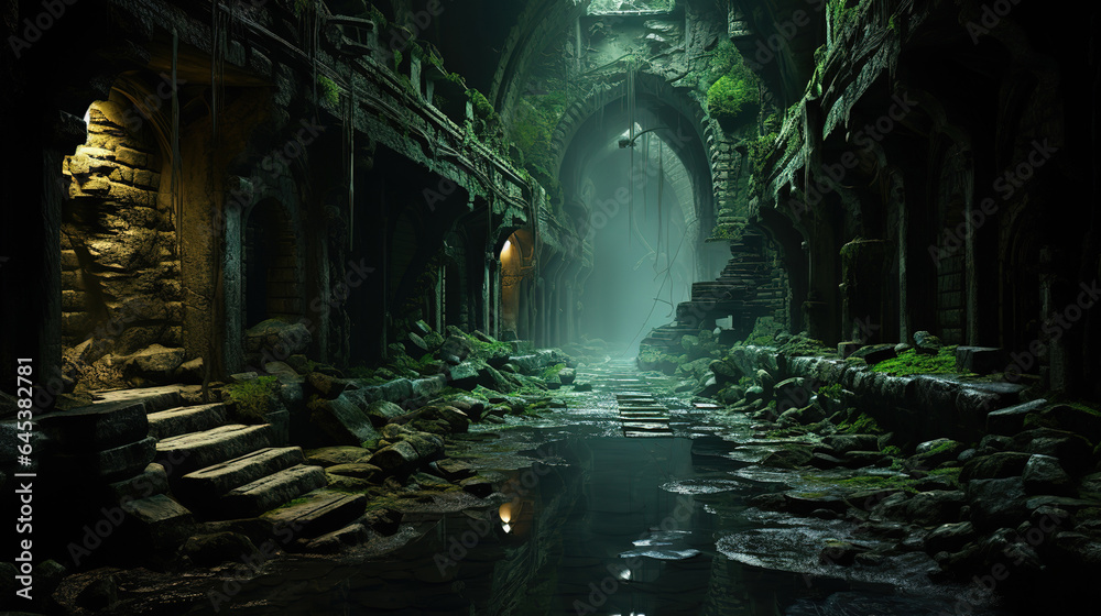 Sewer setting, sci fi, fantasy, Bright color. Generative Ai