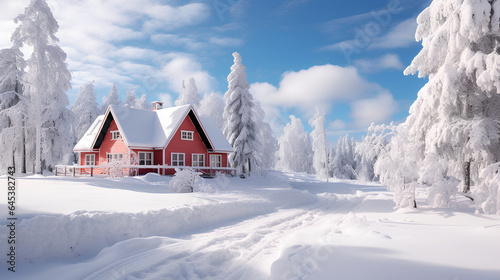 wooden house in winter forest © EvhKorn