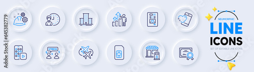 Filling station, Working hours and Coffee vending line icons for web app. Pack of Employee results, Working process, Heart pictogram icons. Connecting flight, Certificate. Neumorphic buttons. Vector