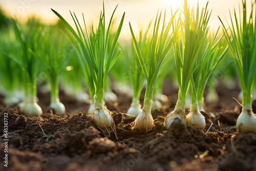 cultivated Green Onion (Scallion) vegetable field, earth day concept