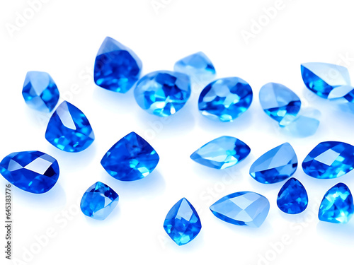 A set of blue, clear, natural, faceted crystals. Faceted diamond. Glass stones