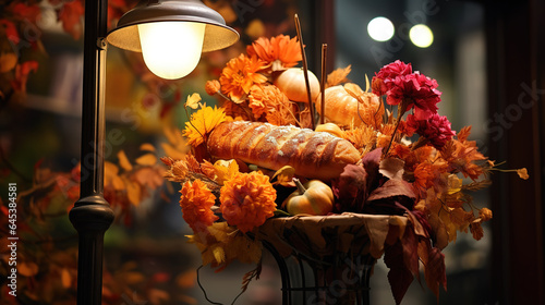 Orange pumpkin and retro forged lantern with maple leavesflowers and hawthorn berries. Generative Ai photo