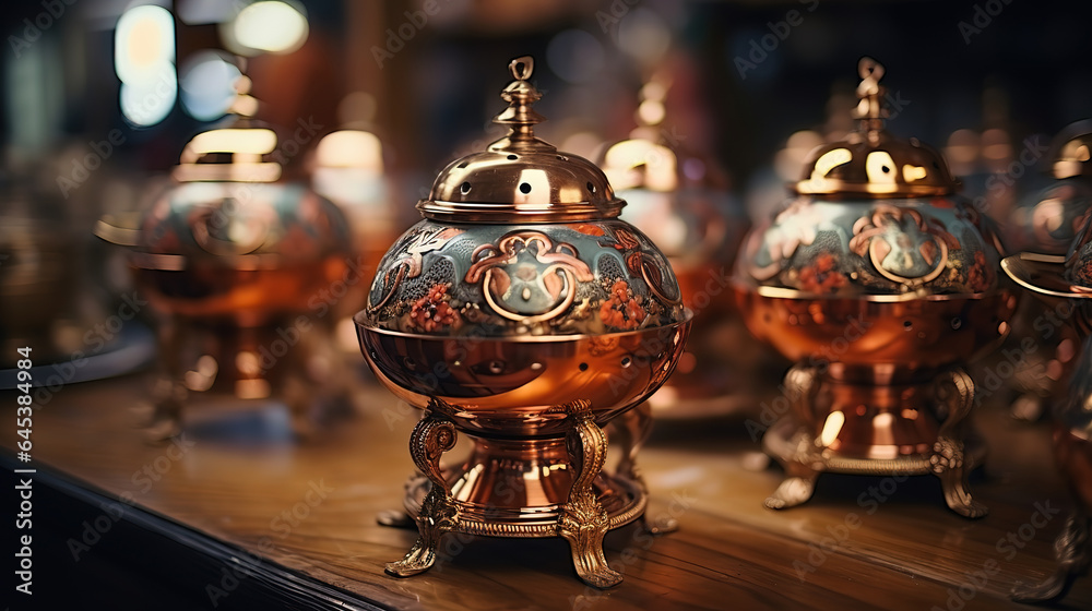 Old traditional russian samovars made of copper and Russian bagels on the table. Generative Ai Old traditional russian samovars made of copper and Russian bagels on the table. Generative Ai