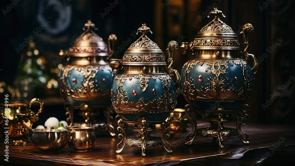 Side view samovar with glass of tea and figurines and baklava in table on restaurant. Generative Ai Side view samovar with glass of tea and figurines and baklava in table on restaurant. Generative Ai