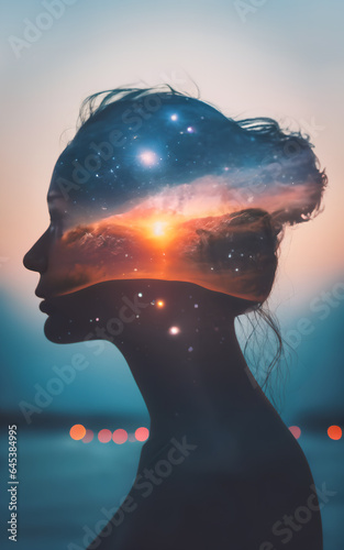 Double exposure photo, woman and universe blend together,galaxy, nebula,human and nature, peace of mind,abstract mentation,meditation,contemplative,philosophy photo