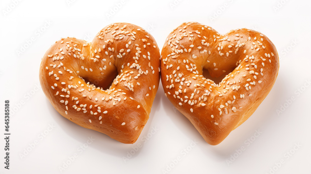 Small wheat bagels in the shape of a heart on a white background, traditional Russian food. Generative Ai Small wheat bagels in the shape of a heart on a white background, traditional Russian food. Generative Ai