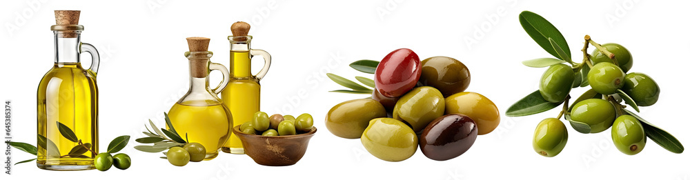 Set of Olive oil and olives transparent isolated on white background ...