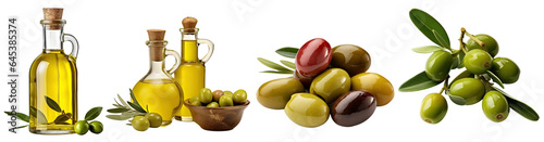 Set of Olive oil and olives transparent isolated on white background cutout. PNG file ,artwork graphic design ,Generative AI photo