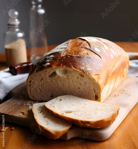 A loaf of fresh bread with sliced pieces. High resolution.