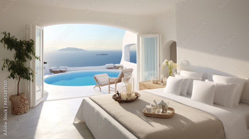 A whitewashed room with a private terrace showcasing the caldera and the sparkling aegean sea, Santorini, Greece, Copy space, Concept: Travel the world, 16:9 - obrazy, fototapety, plakaty 