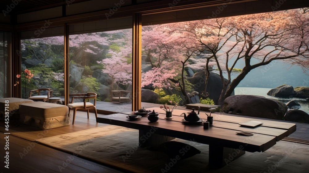 A zen-inspired room overlooking a traditional japanes garden with cherry blossoms and a koi pond, Japan, Concept: Travel the world, 16:9