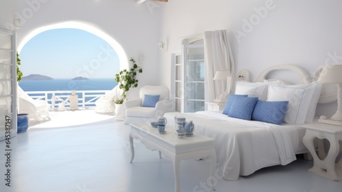 A whitewashed room with a private terrace showcasing the caldera and the sparkling aegean sea, Santorini, Greece, Copy space, Concept: Travel the world, 16:9
