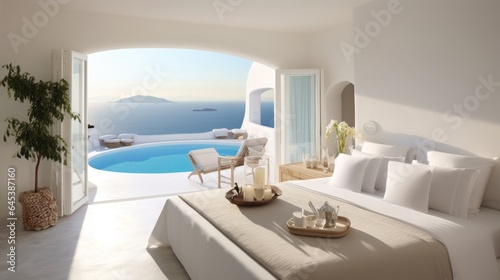A whitewashed room with a private terrace showcasing the caldera and the sparkling aegean sea, Santorini, Greece, Copy space, Concept: Travel the world, 16:9 © Christian