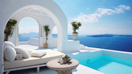 A whitewashed room with a private terrace showcasing the caldera and the sparkling aegean sea, Santorini, Greece, Copy space, Concept: Travel the world, 16:9 © Christian