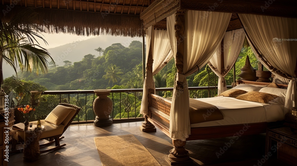 A bamboo-accented room featuring a canopy bed, overlooking lush rice terraces and distand temples, Bali, Indonesia, Concept: Travel the world, 16:9