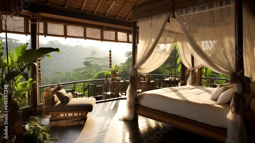 A bamboo-accented room featuring a canopy bed, overlooking lush rice terraces and distand temples, Bali, Indonesia, Concept: Travel the world, 16:9 © Christian