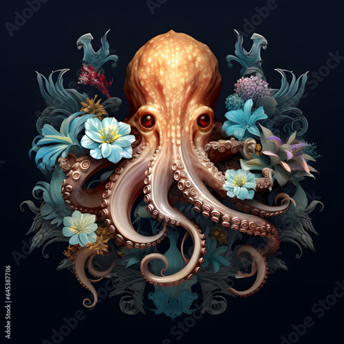 Octopus in an ornate frame dark art illustration isolated on black © sugastocks