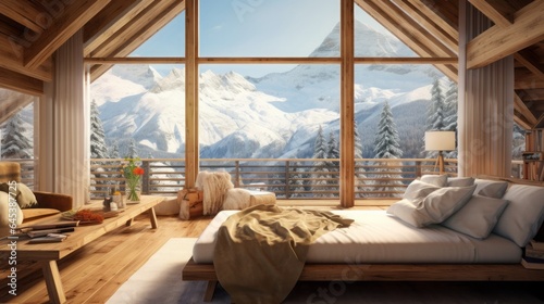 A chalet style room with wooden accentss and a balcony framing the snow-capped mountains and pristine valleys, travel concept, Switzerland, 16:9