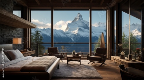 A chalet style room with wooden accentss and a balcony framing the snow-capped mountains and pristine valleys, travel concept, Switzerland, 16:9