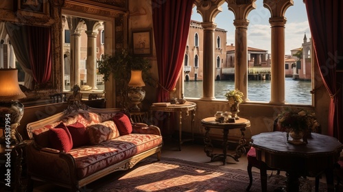 An elegant room with venetian style decor, featuring a window overlooking the winding canal, Italy, Venice, 16:9 © Christian