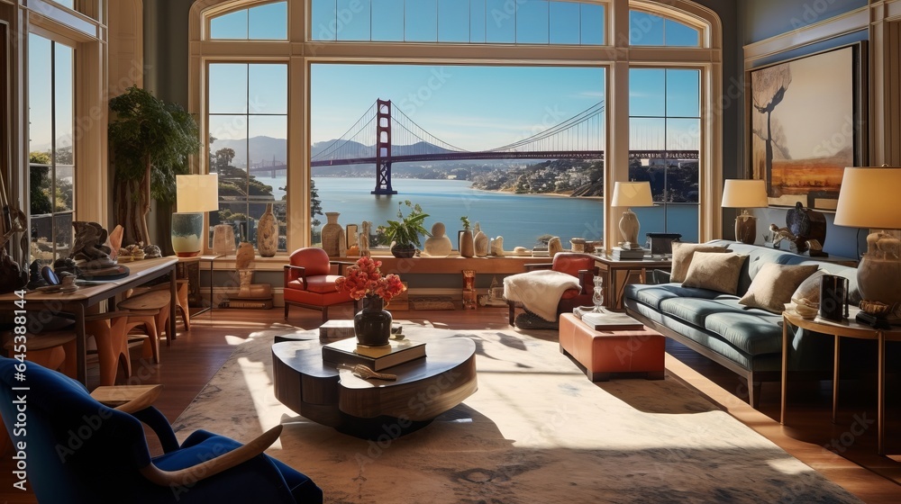 Fototapeta premium A room with bay windows capturing views of the iconic golden gate bridge, San Francisco, 16:9
