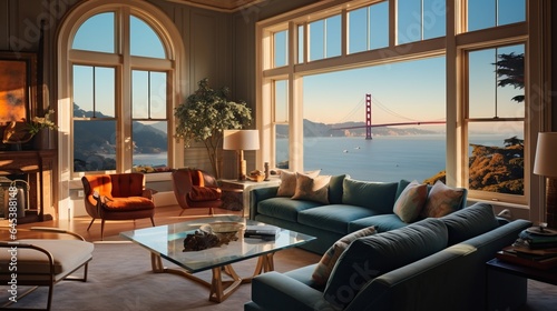 A room with bay windows capturing views of the iconic golden gate bridge  San Francisco  16 9