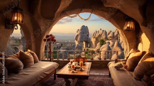 A cave inspired room with a balcony offering panoramic vistas of the unique rock formations, cappadocia, turkey, 16:9