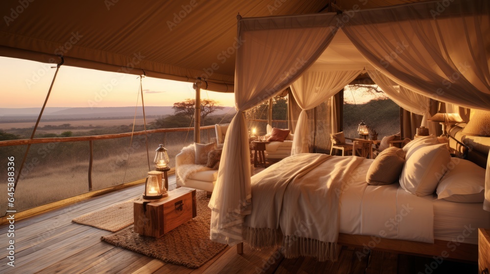 A safari inspired room with canvas walls and a terrace, 16:9