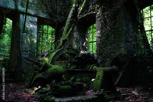 Ancient hydroelectrical power plant in ruin, hidden deep in the forest photo