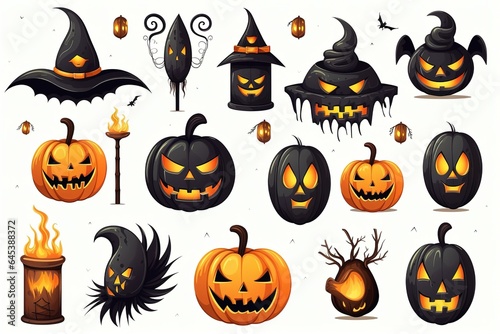 icon sets of halloween on white background. explore a spooky halloween world with icons like pumpkins, ghosts, witches, and skeletons on a white backdrop. perfect for your festive photo