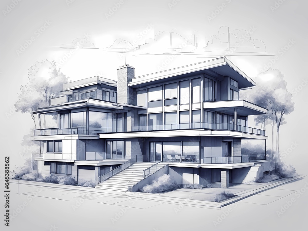 Sketch or blueprint of modern cozy house with pool and parking for sale or rent. Generative ai Sketch or blueprint of modern cozy house with pool and parking for sale or rent. Generative ai