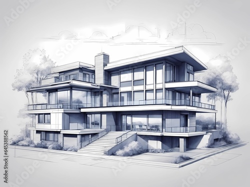 Sketch or blueprint of modern cozy house with pool and parking for sale or rent. Generative ai