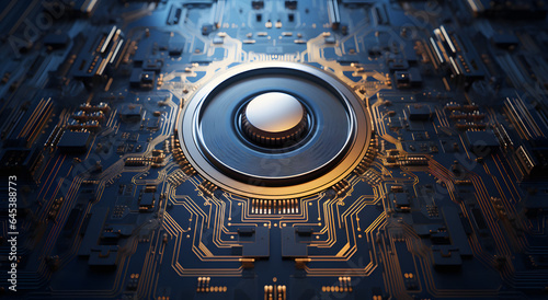 a blue electronic circuitboard with an iris sensor, in the style of luxurious geometry, dark gold, circular abstraction, close-up, shaped canvas, cryengine, security camera photo