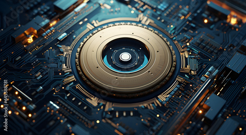he camera is mounted to a circuit board, in the style of circular abstraction, light gold and dark aquamarine, hyper-realistic details, selective focus, shaped canvas, bold-graphic, cryptidcore
