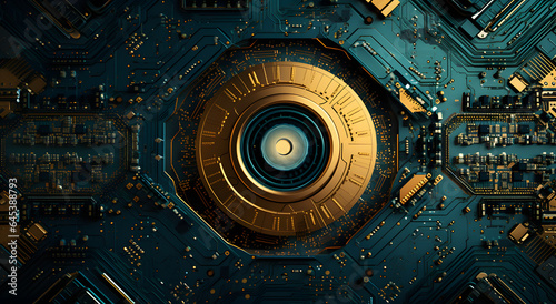 close up of the internal circuit board, with a shiny camera, in the style of circular abstraction, dark gold and aquamarine, futuristic realism, cryptidcore, shaped canvas