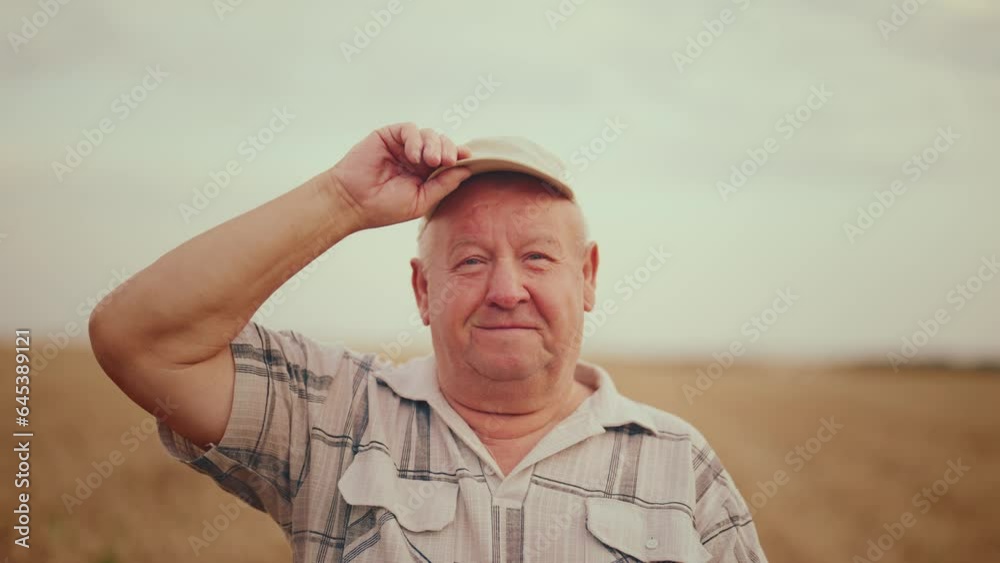 Portrait happy senior man farm worker looking at camera touching hat on wheat field in summer evening. Harvesting on farmland. Work, living in countryside, agribusiness, agriculture, harvest concept. Portrait happy senior man farm worker looking at camera touching hat on wheat field in summer evening. Harvesting on farmland. Work, living in countryside, agribusiness, agriculture, harvest concept.