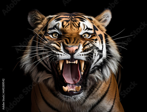 Portrait eines zähnefletschenden, fauchenden Tigers vor schwarzem Hintergrund, erstellt mit generativer KI © rawku5