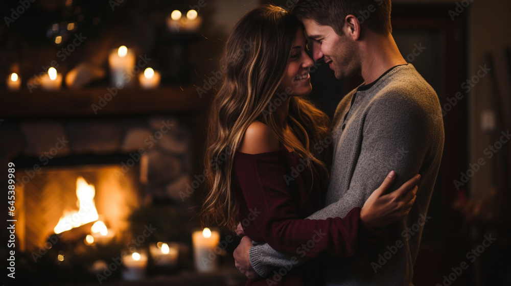A loving embrace between two people at a cozy winter proposal by a crackling fireplace, love, bokeh A loving embrace between two people at a cozy winter proposal by a crackling fireplace, love, bokeh