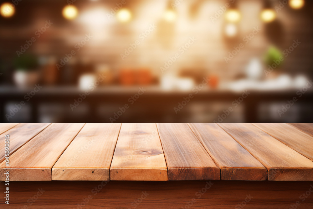 Empty wooden table in front of blurred kitchen for product display