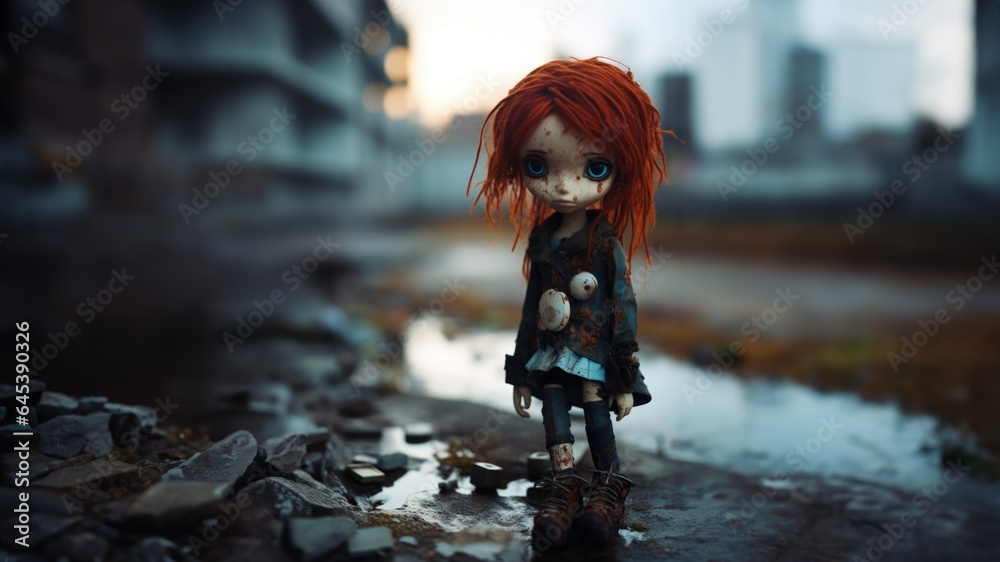 Unusual toy doll with gorgeous vivid red ginger hair that fell into hardship, outcast and homeless, alone in the city streets, sad and neglected but keeping strong and enduring - generative AI Unusual toy doll with gorgeous vivid red ginger hair that fell into hardship, outcast and homeless, alone in the city streets, sad and neglected but keeping strong and enduring - generative AI