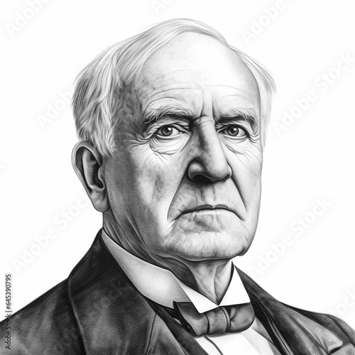 Black and white vintage engraving, headshot portrait of Thomas Alva Edison isolated against a white background, greyscale - Generative AI photo