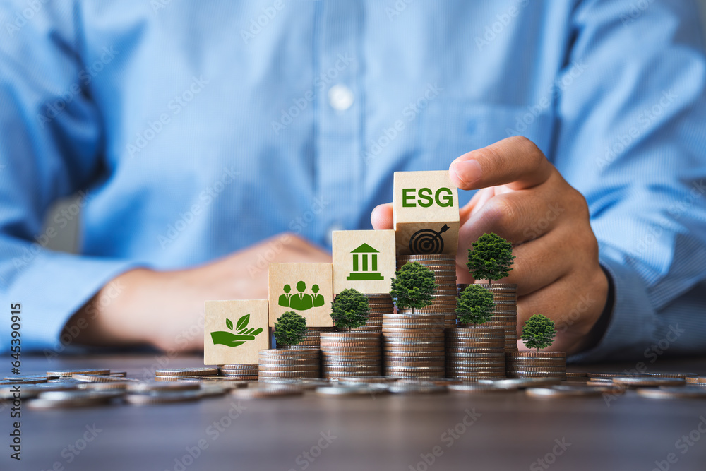 ESG Concepts in Environment, Society and Governance Invest in green finance Sustainable organizational development Businessman holding a flipping wooden block On the coin a tree grows. - obrazy, fototapety, plakaty 